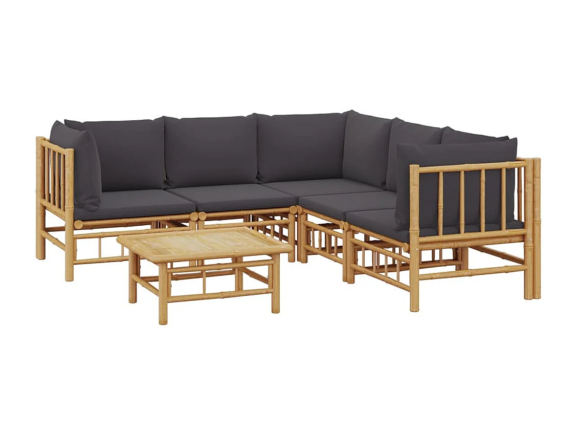 Salon de jardin 6 pcs avec coussins gris foncé bambou