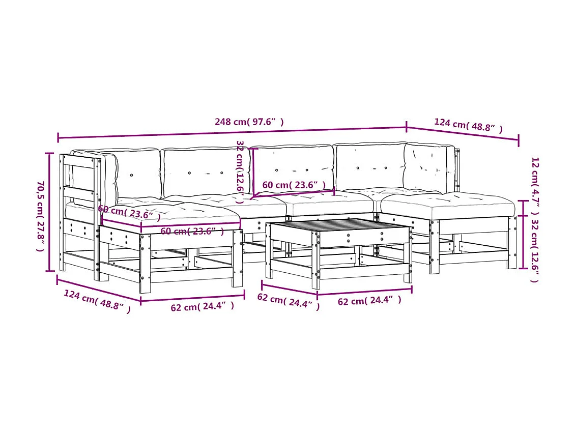 Salon de jardin 7 pcs avec coussins blanc bois massif