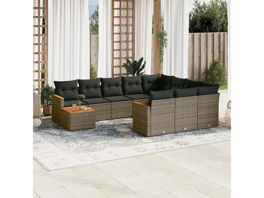 Salon de jardin 11 pcs avec coussins gris résine tressée