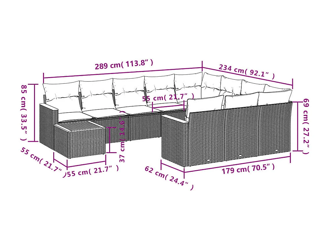 Salon de jardin 11 pcs avec coussins gris résine tressée
