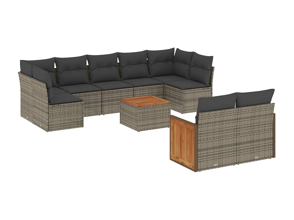 Salon de jardin avec coussins 10 pcs gris résine tressée