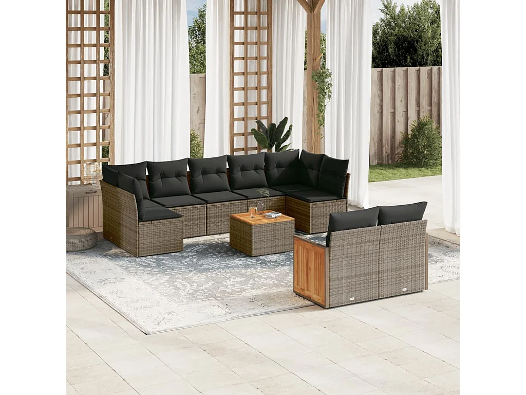 Salon de jardin avec coussins 10 pcs gris résine tressée