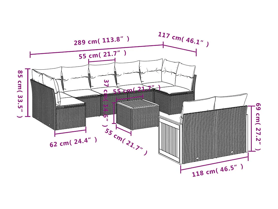 Salon de jardin avec coussins 10 pcs gris résine tressée