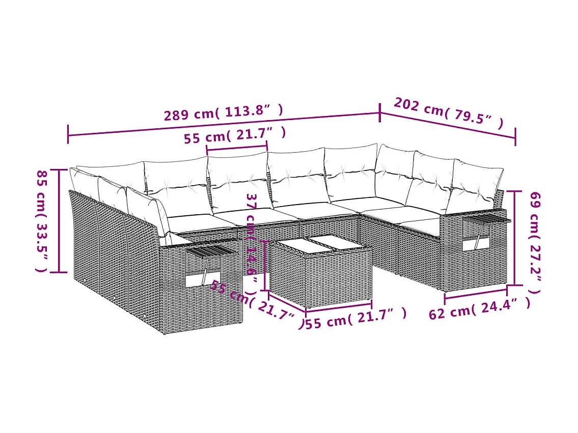 Salon de jardin avec coussins 10 pcs gris résine tressée
