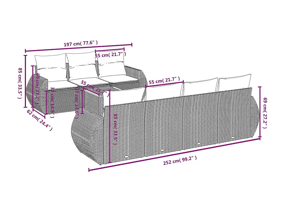 Salon de jardin 8 pcs avec coussins gris résine tressée