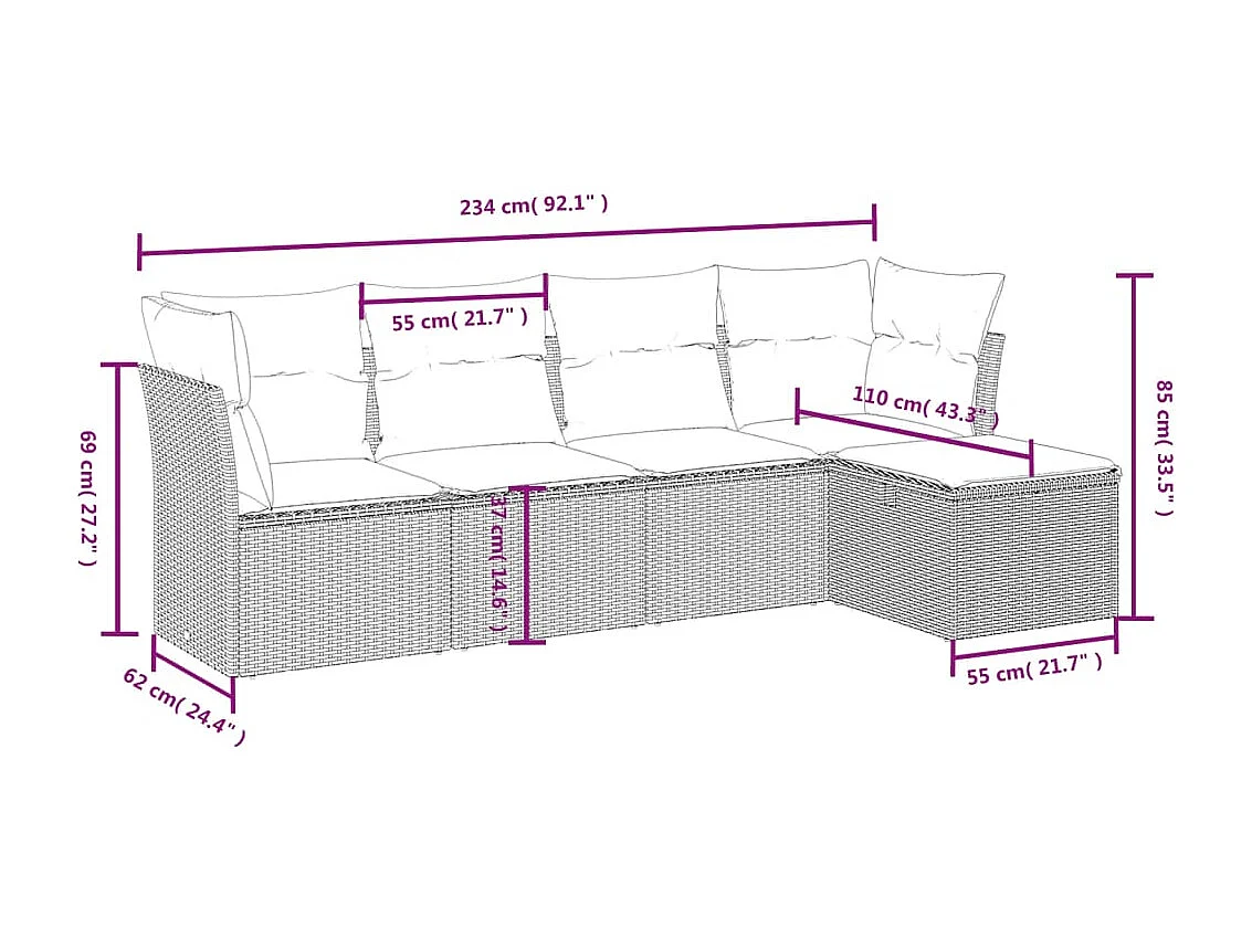 Salon de jardin 5 pcs avec coussins noir résine tressée