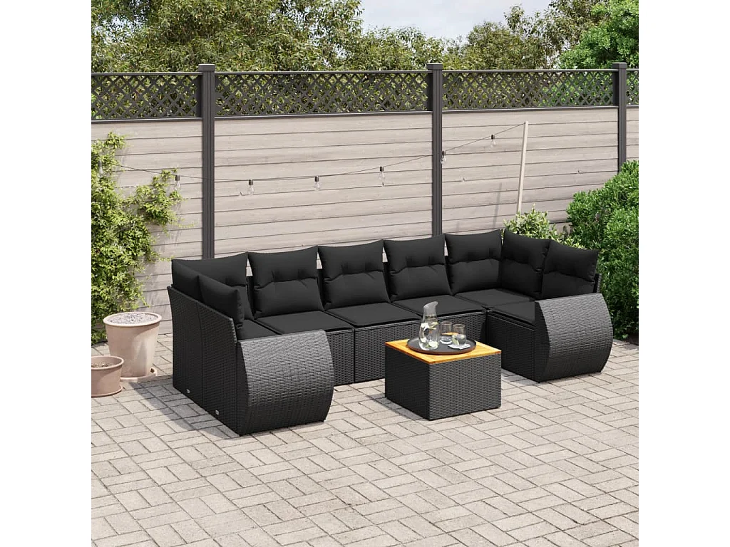 Salon de jardin 8 pcs avec coussins noir résine tressée