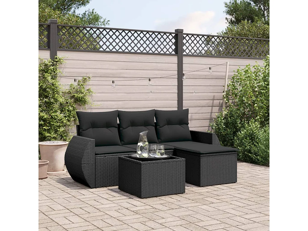 Salon de jardin 5 pcs avec coussins noir résine tressée