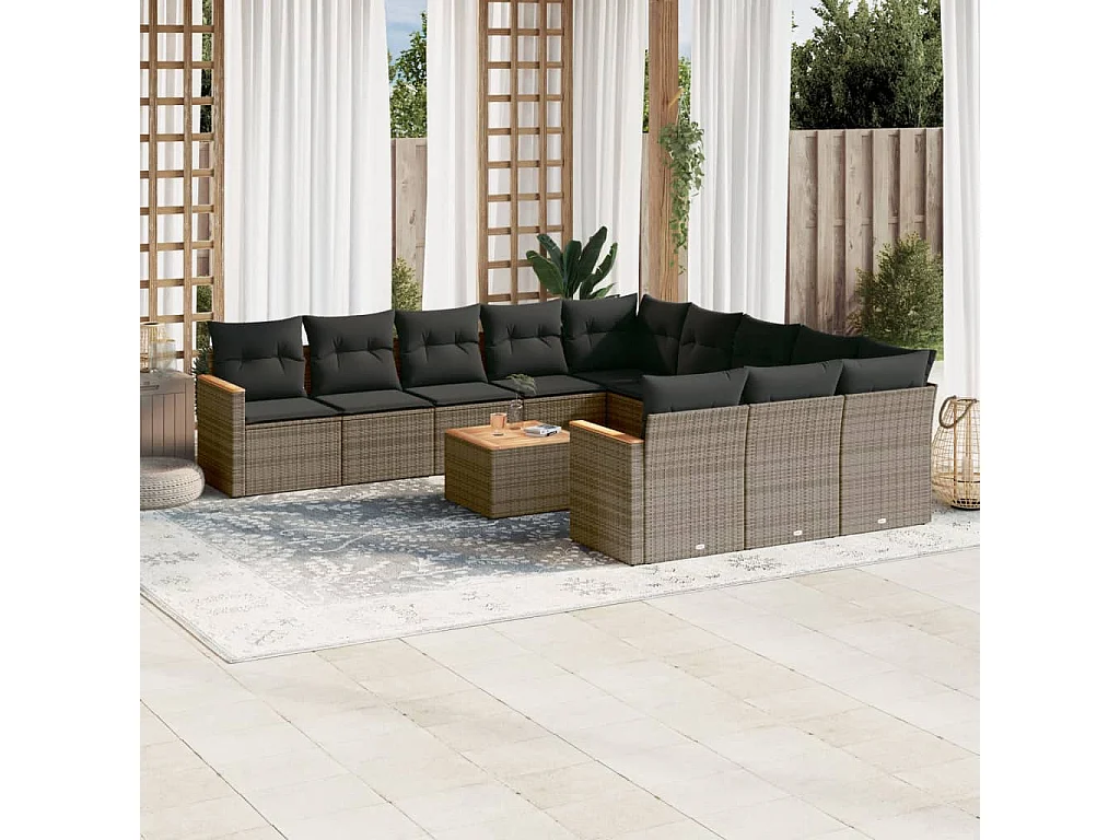 Salon de jardin avec coussins 12 pcs gris résine tressée