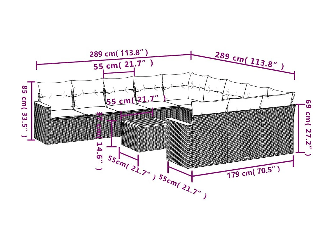 Salon de jardin avec coussins 12 pcs gris résine tressée