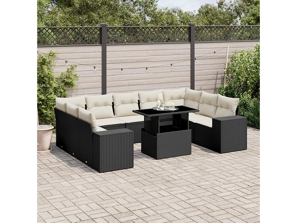 Salon de jardin 10 pcs avec coussins noir résine tressée