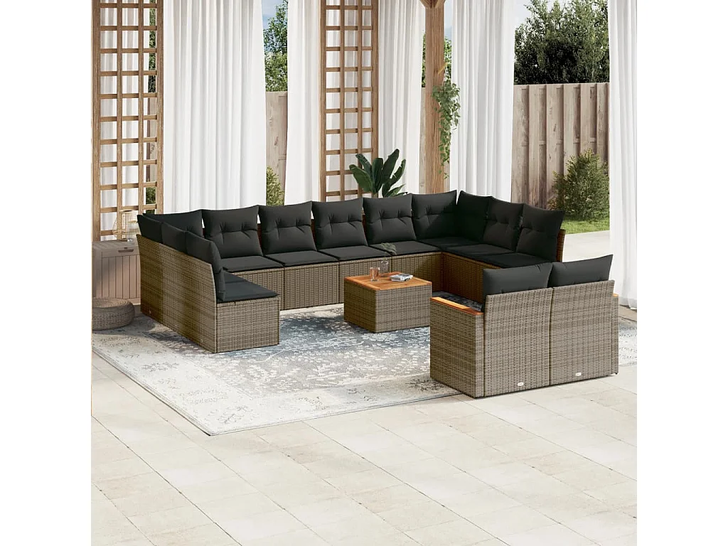 Salon de jardin avec coussins 13 pcs gris résine tressée