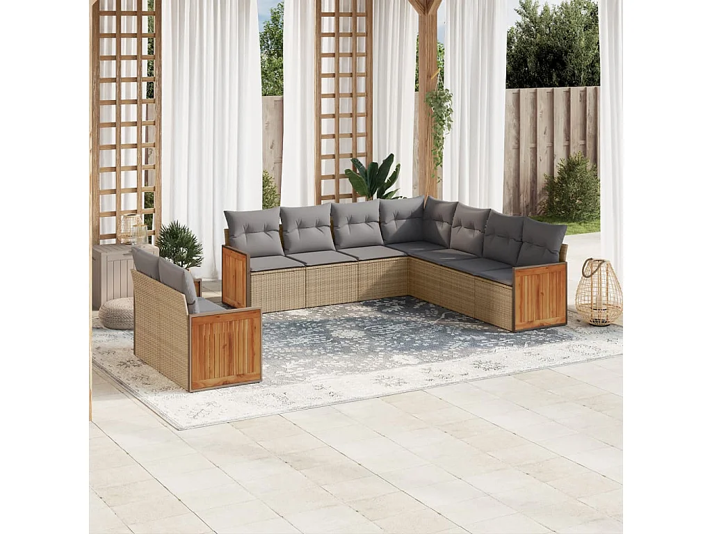 Salon de jardin avec coussins 9 pcs beige résine tressée