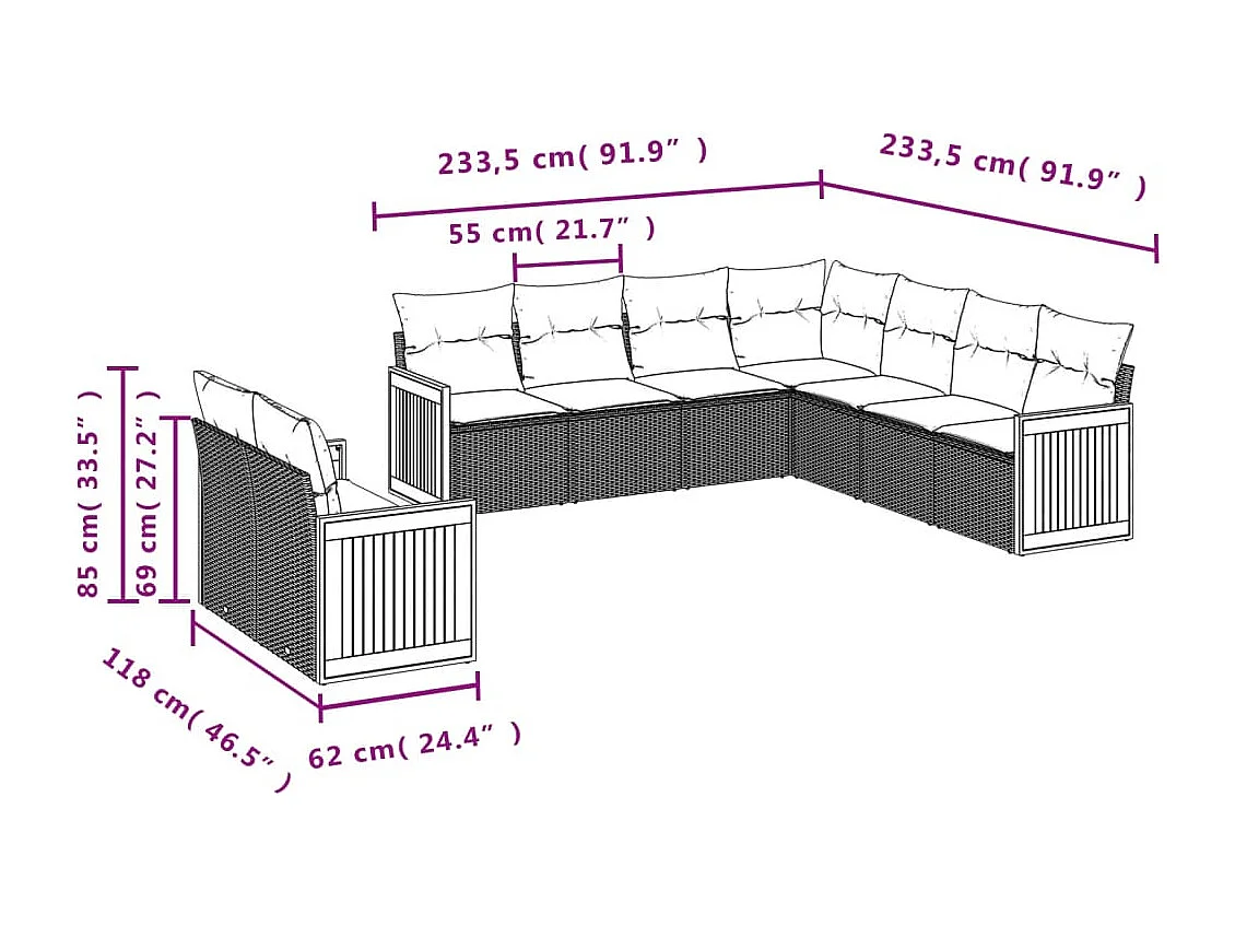 Salon de jardin avec coussins 9 pcs beige résine tressée