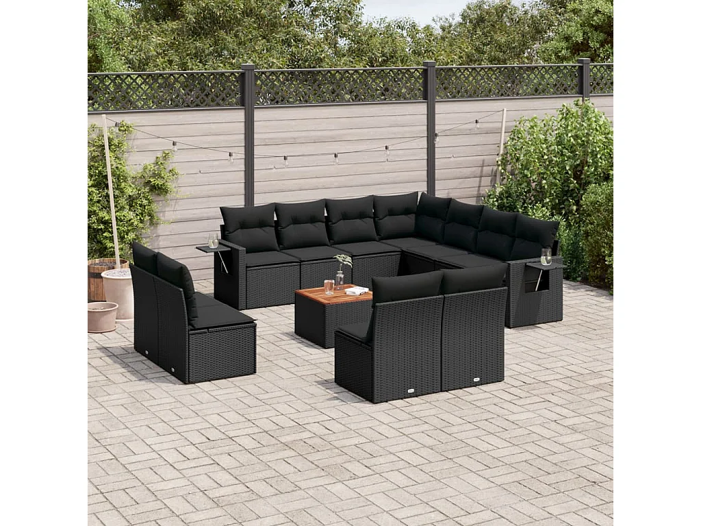 Salon de jardin 12 pcs avec coussins noir résine tressée