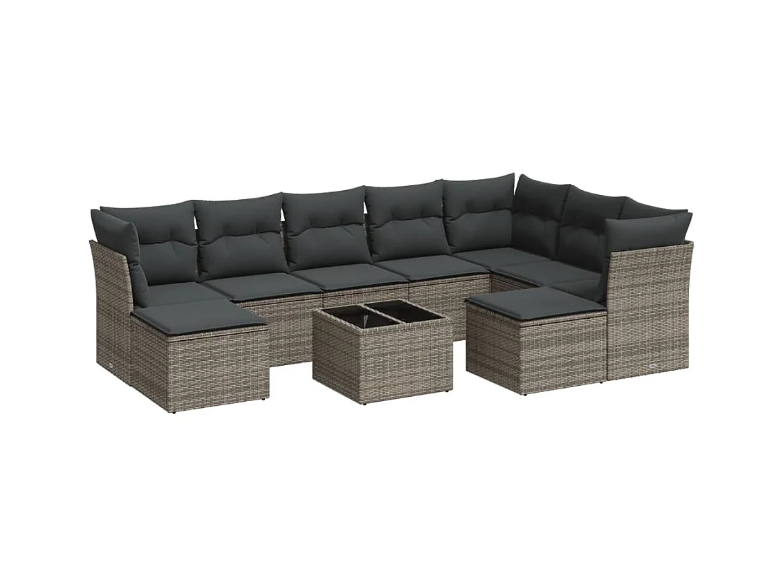 Salon de jardin avec coussins 10 pcs gris résine tressée