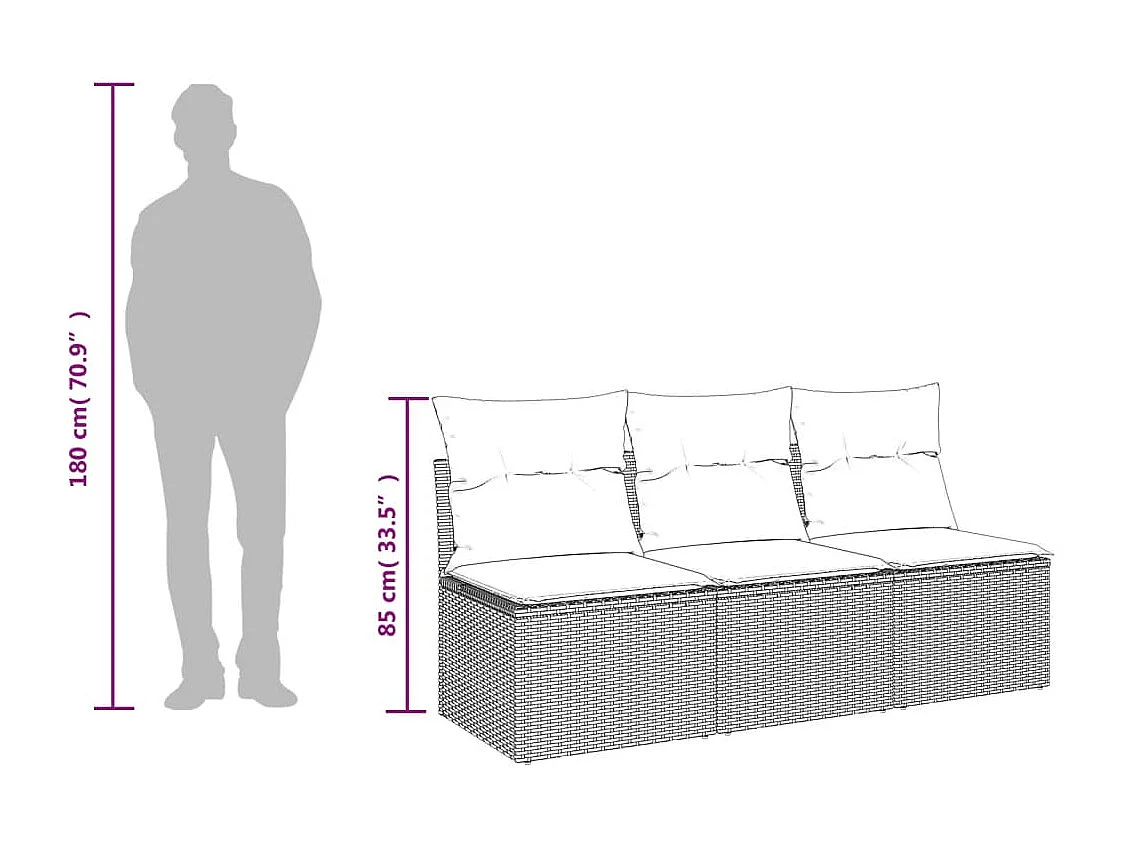Canapé de jardin avec coussins 3 places brun résine tressée