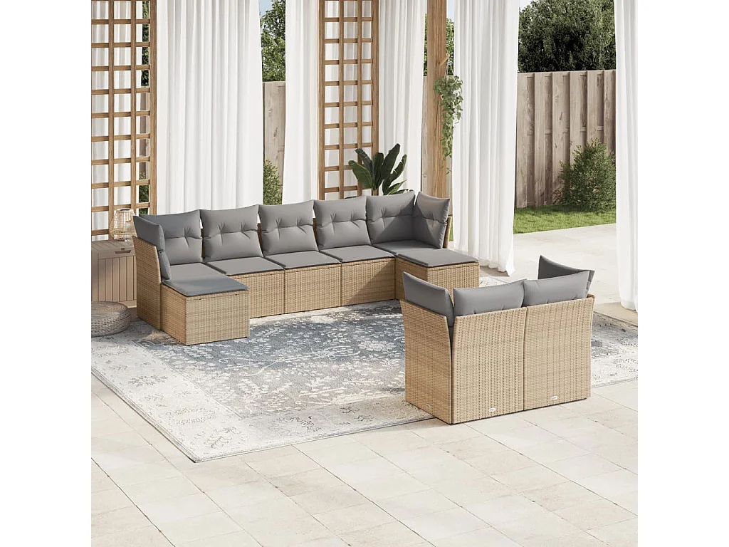 Salon de jardin avec coussins 9 pcs beige résine tressée