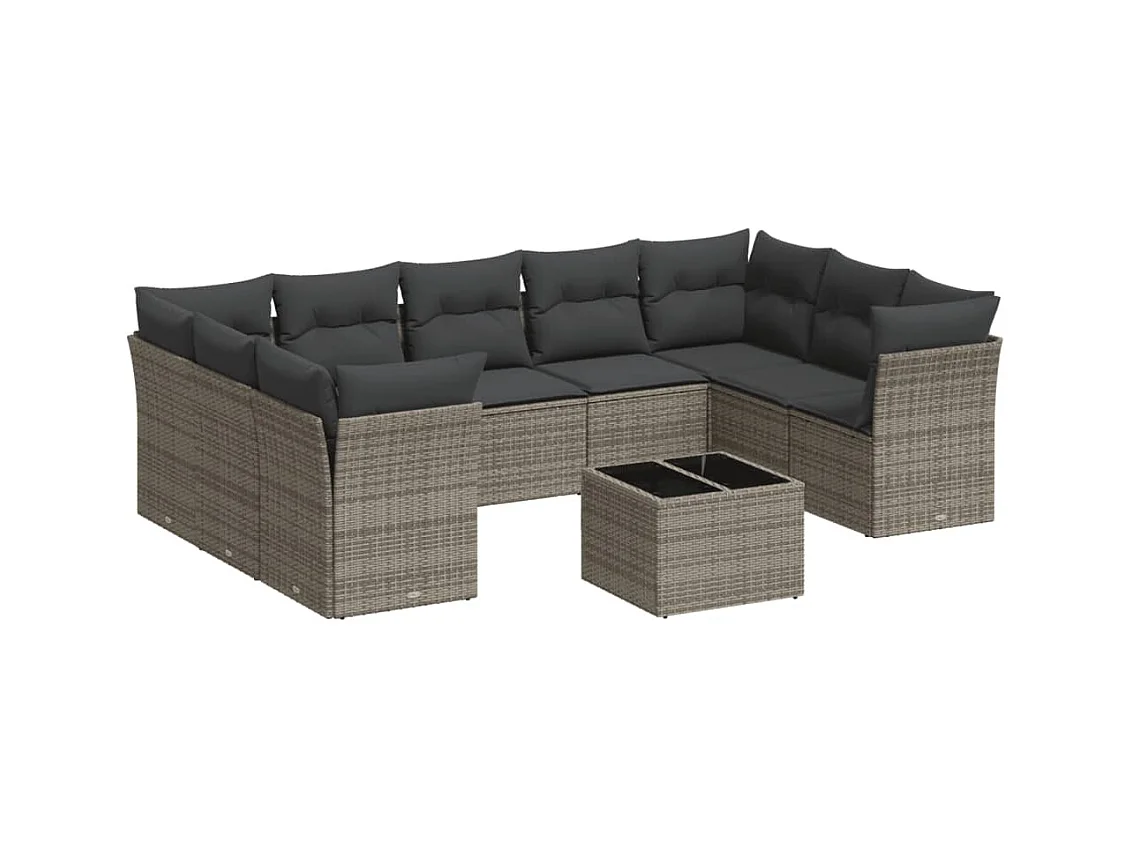 Salon de jardin avec coussins 10 pcs gris résine tressée