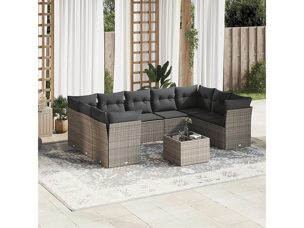 Salon de jardin avec coussins 10 pcs gris résine tressée