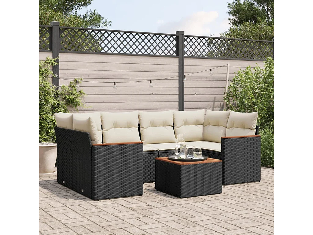 Salon de jardin 7 pcs avec coussins noir résine tressée