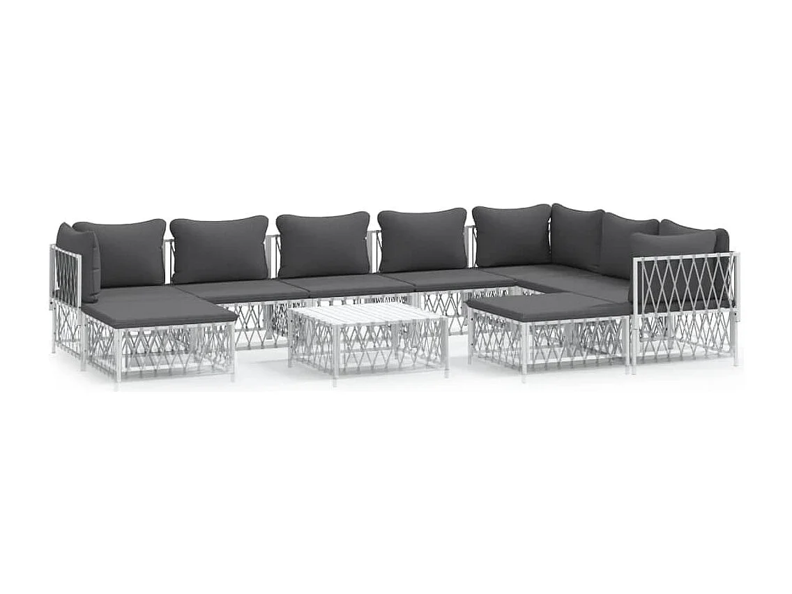 Salon de jardin avec coussins 10 pcs blanc acier