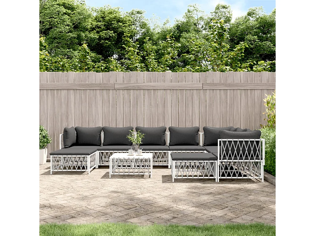 Salon de jardin avec coussins 10 pcs blanc acier