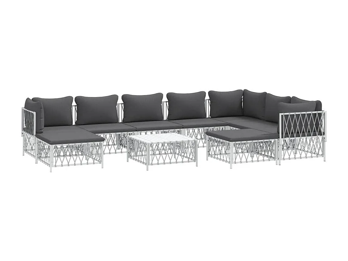 Salon de jardin avec coussins 10 pcs blanc acier