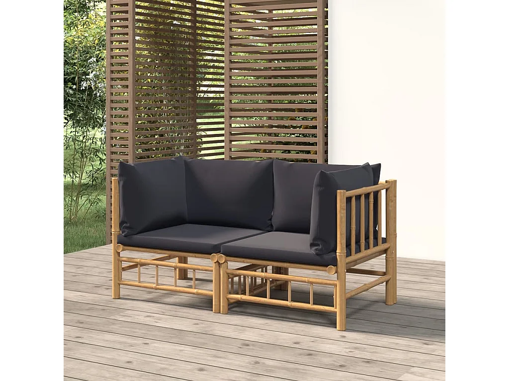 Canapés d'angle de jardin avec coussins gris foncé 2 pcs bambou