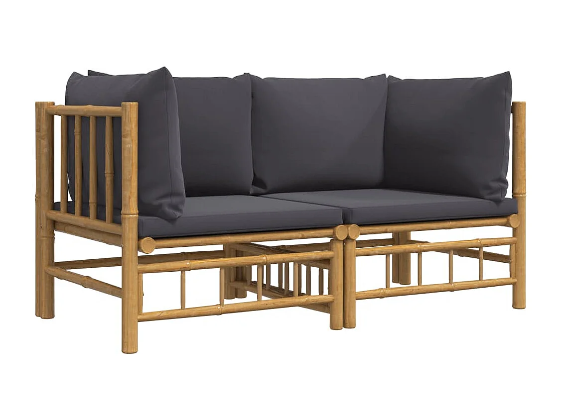 Canapés d'angle de jardin avec coussins gris foncé 2 pcs bambou
