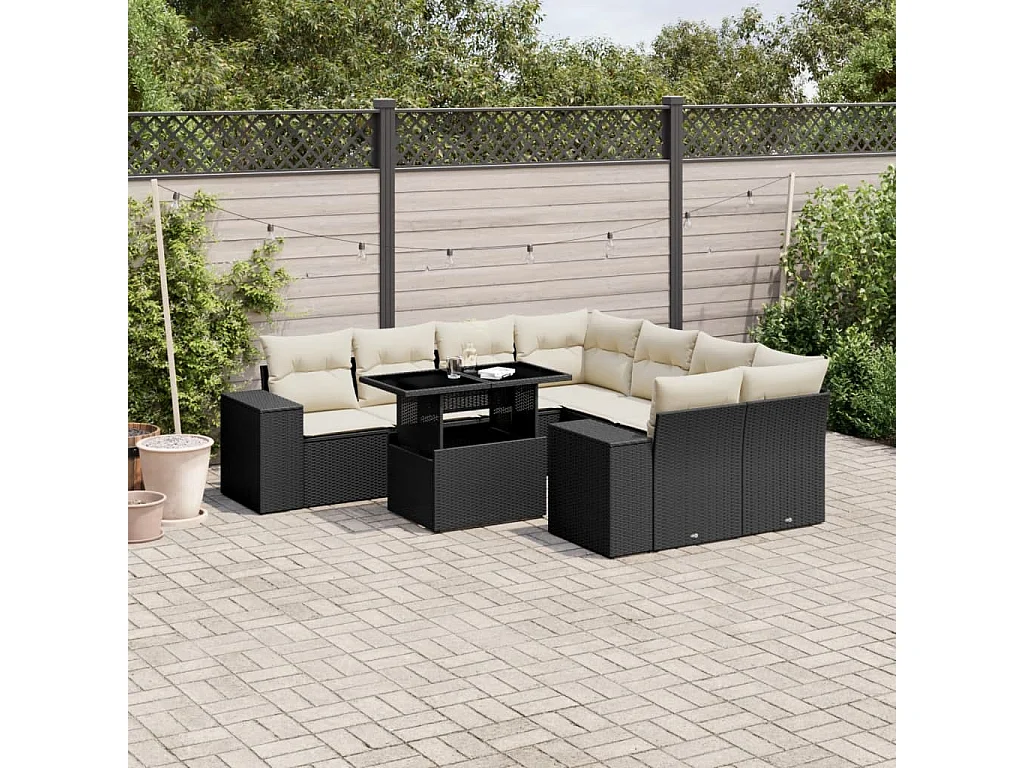 Salon de jardin 9 pcs avec coussins noir résine tressée