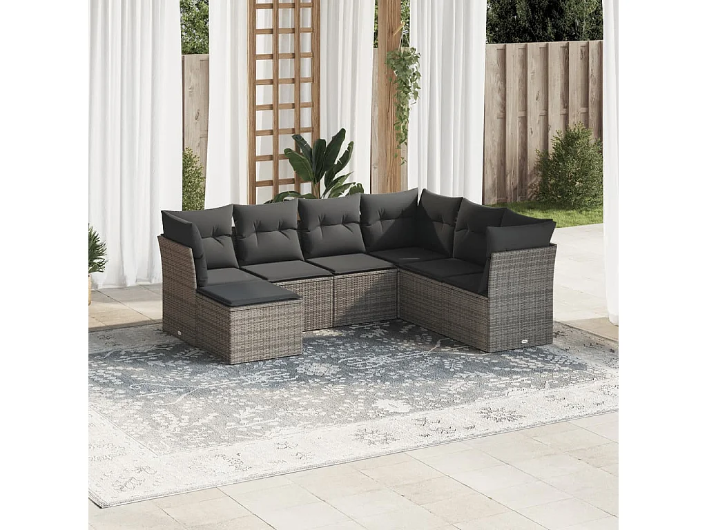 Salon de jardin avec coussins 7 pcs gris résine tressée