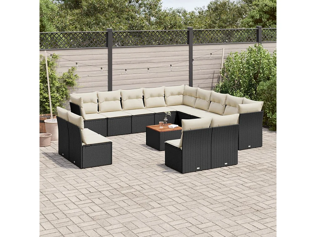 Salon de jardin avec coussins 14 pcs noir résine tressée