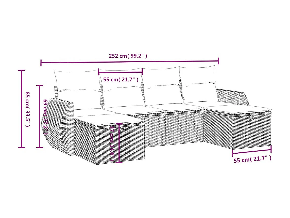 Salon de jardin 6 pcs avec coussins noir résine tressée