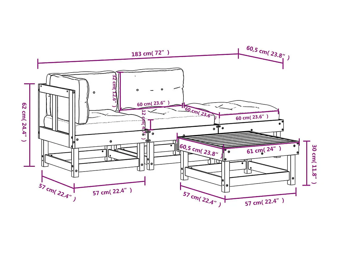 Salon de jardin 4 pcs avec coussins blanc bois massif