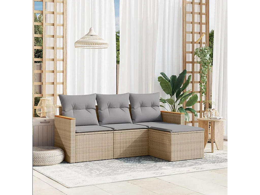 Salon de jardin avec coussins 4 pcs beige résine tressée