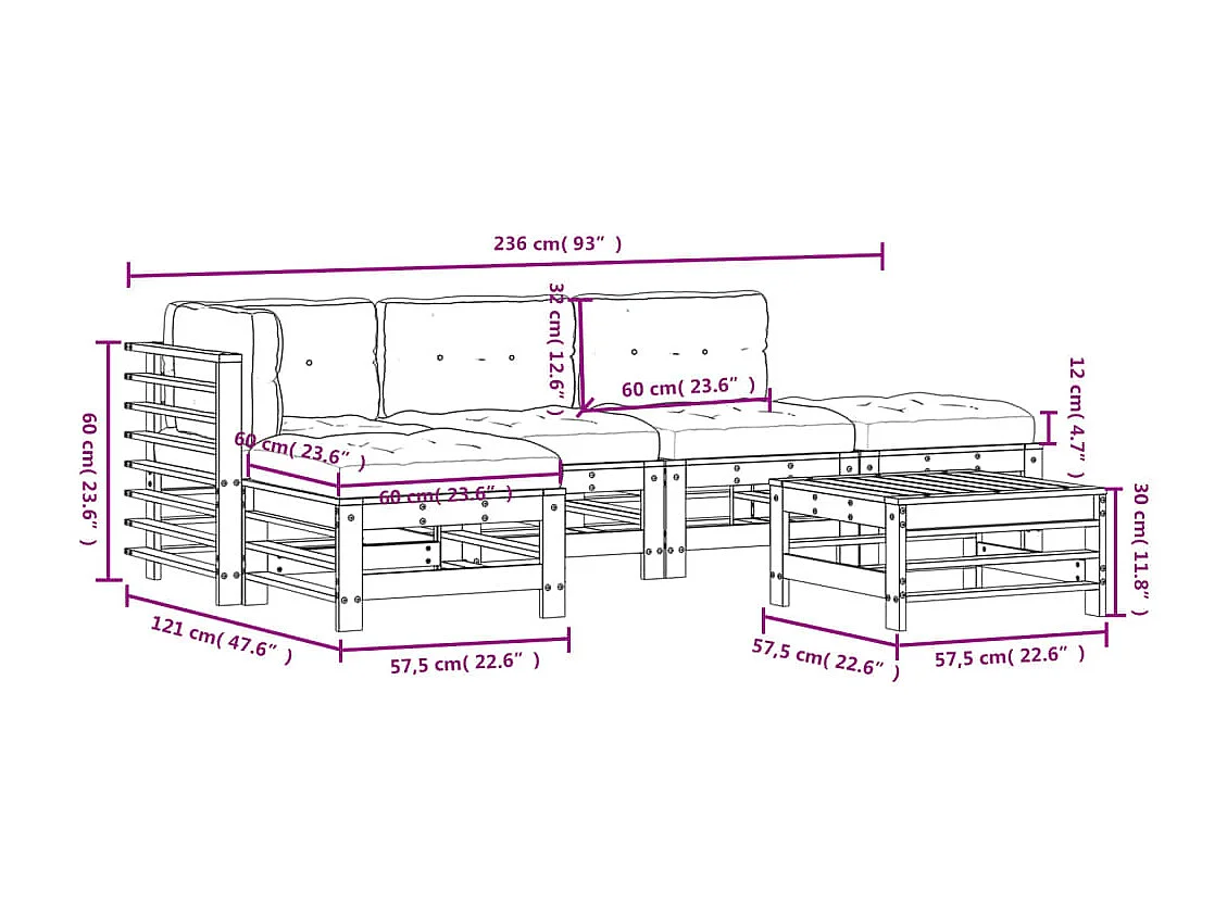 Salon de jardin 6 pcs avec coussins bois de pin imprégné