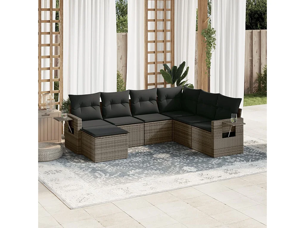 Salon de jardin avec coussins 7 pcs gris résine tressée