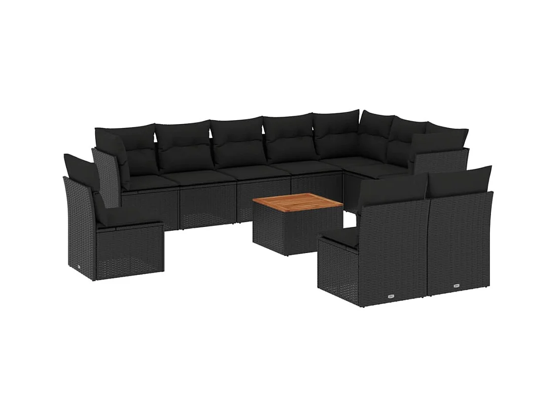 Salon de jardin 11 pcs avec coussins noir résine tressée