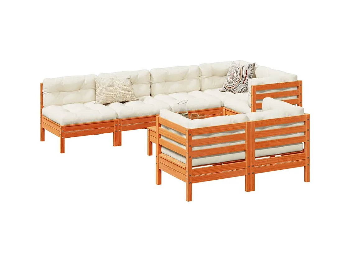 Salon de jardin 8 pcs avec coussins marron cire bois pin massif