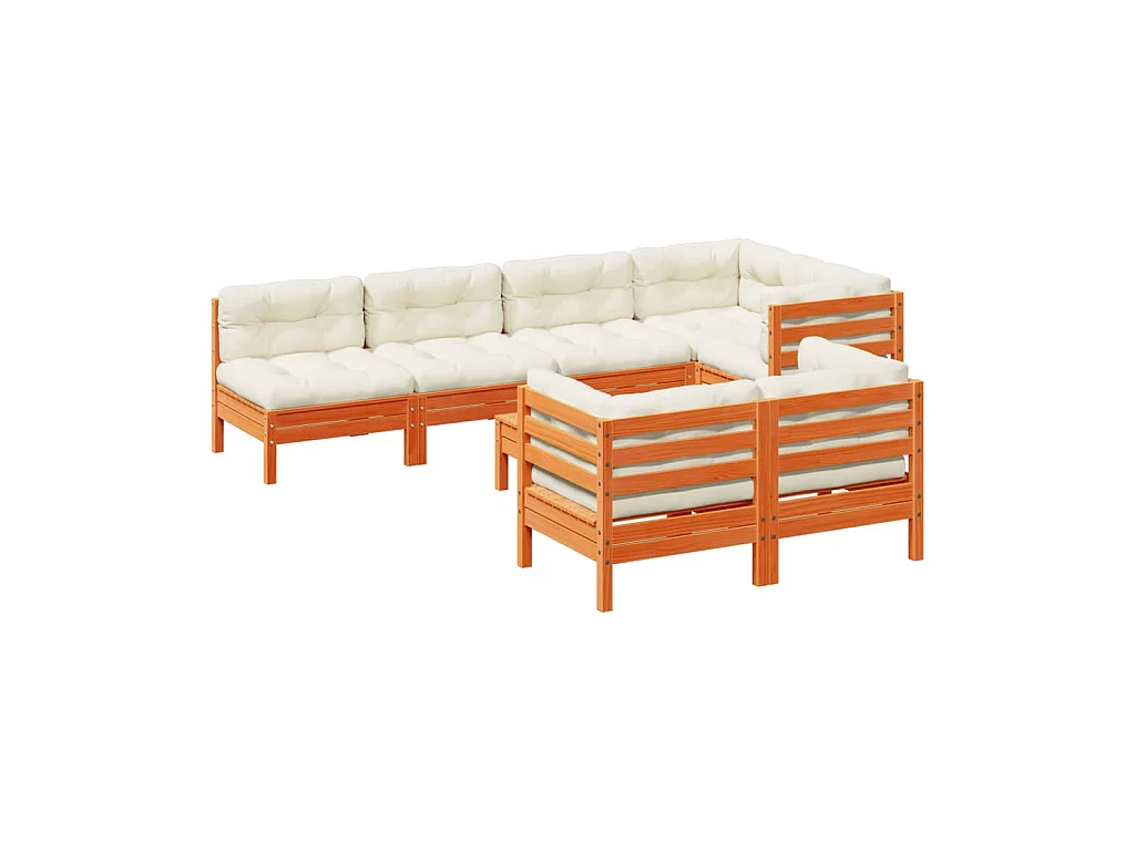 Salon de jardin 8 pcs avec coussins marron cire bois pin massif
