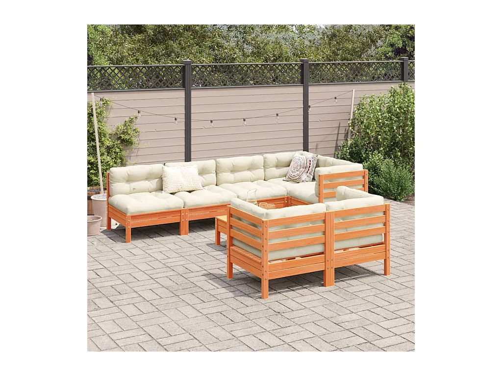Salon de jardin 8 pcs avec coussins marron cire bois pin massif