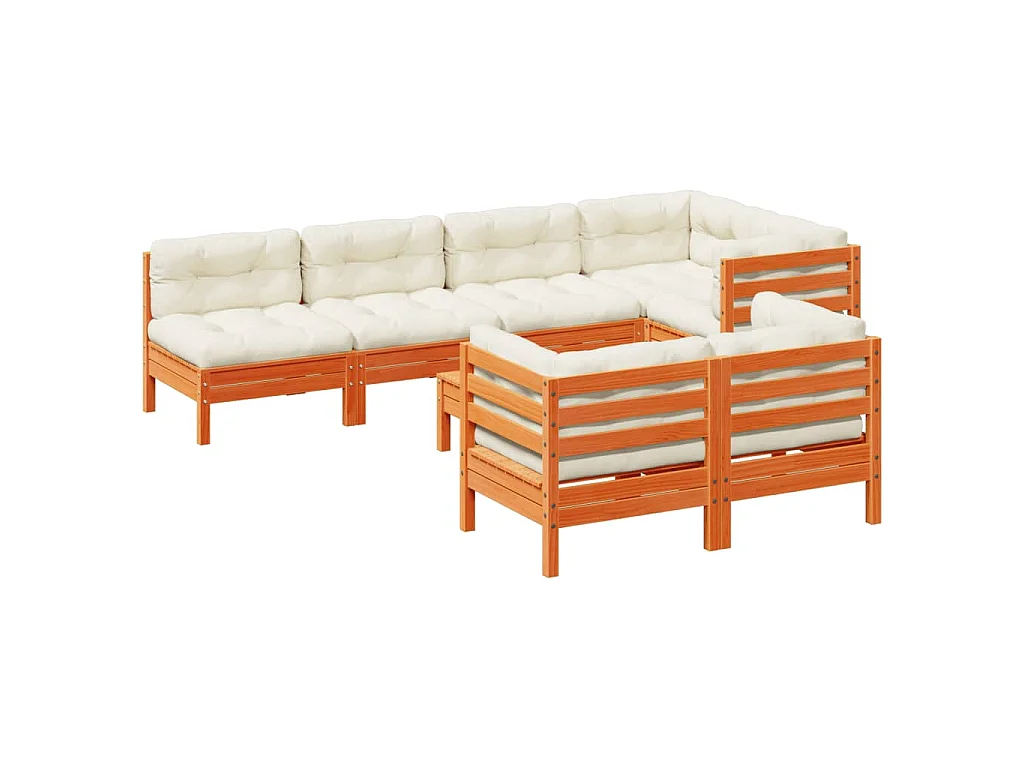 Salon de jardin 8 pcs avec coussins marron cire bois pin massif