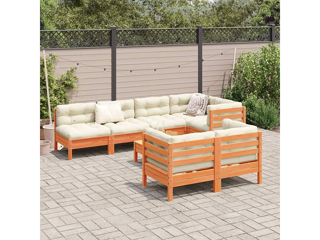 Salon de jardin 8 pcs avec coussins marron cire bois pin massif