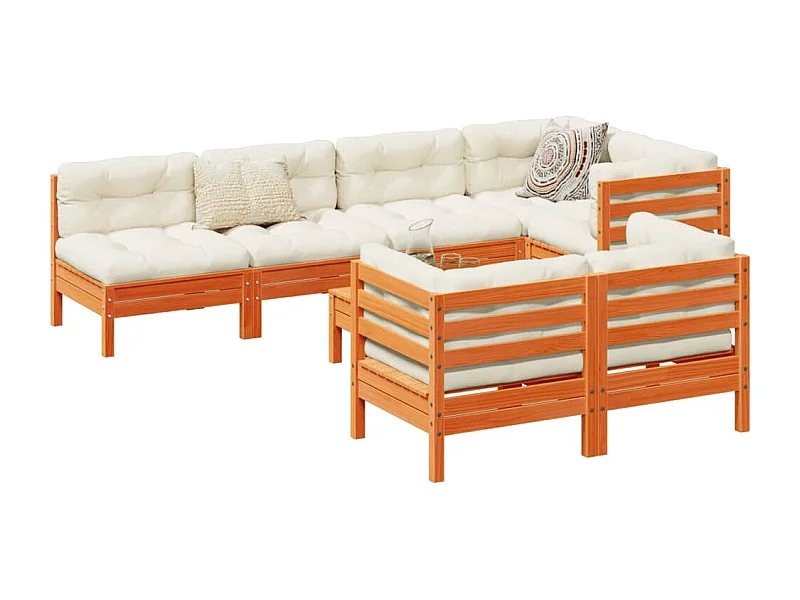Salon de jardin 8 pcs avec coussins marron cire bois pin massif