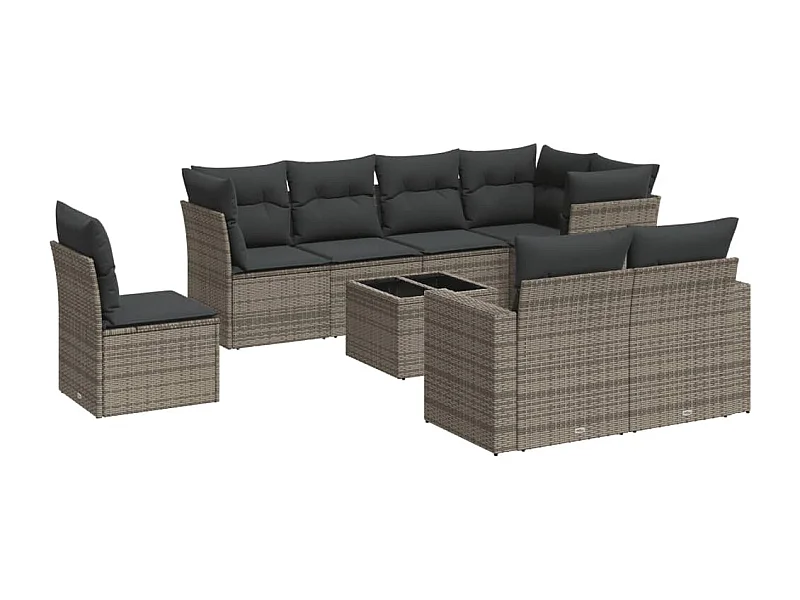 Salon de jardin 9 pcs avec coussins gris résine tressée
