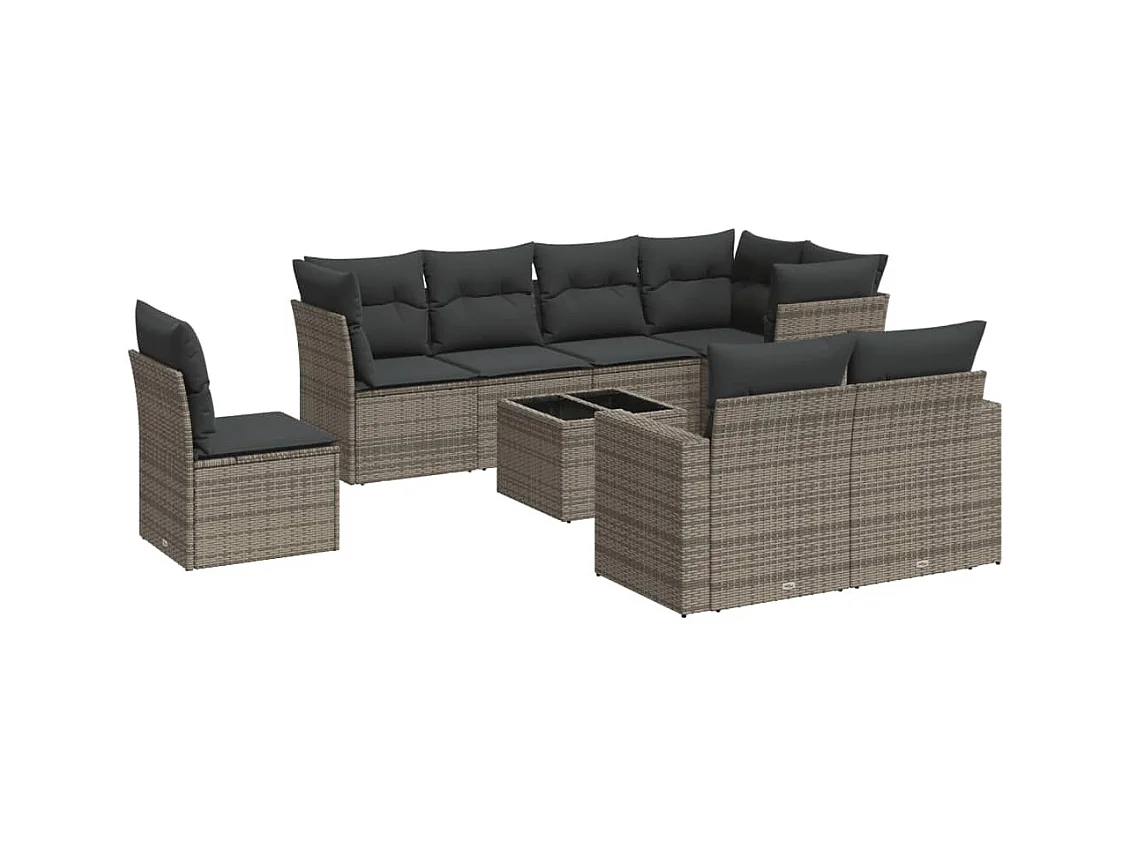 Salon de jardin 9 pcs avec coussins gris résine tressée