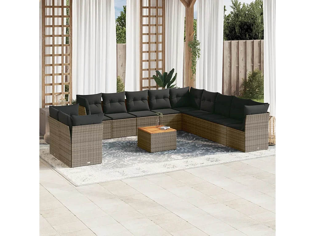 Salon de jardin avec coussins 12 pcs gris résine tressée