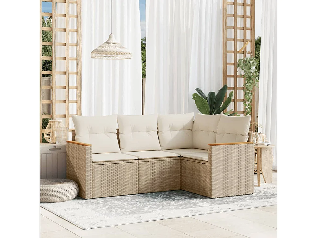 Salon de jardin avec coussins 4 pcs beige résine tressée