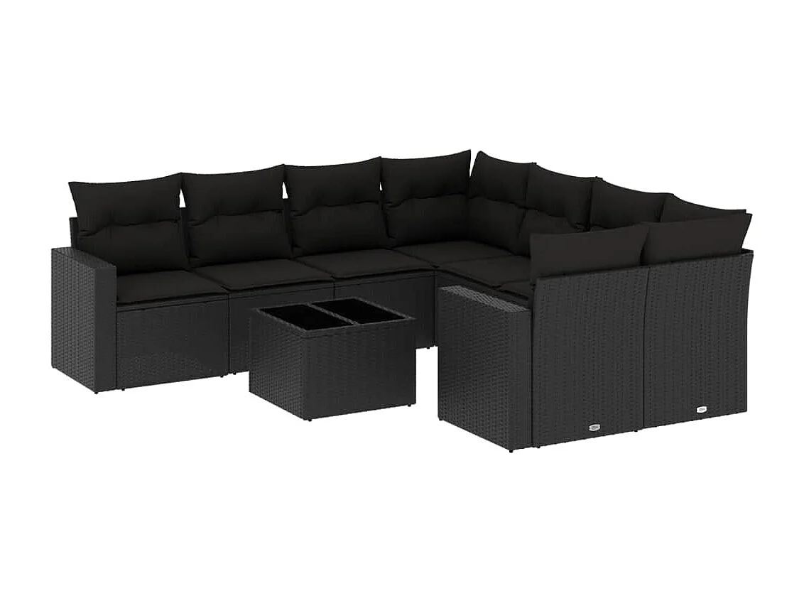 Salon de jardin 9 pcs avec coussins noir résine tressée